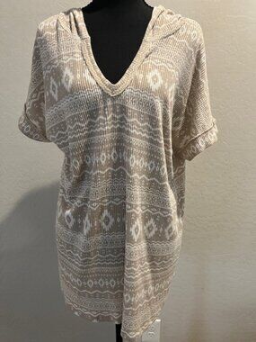 HEMISH USA Beige Boho Hooded Tunic Top XL Tribal Print